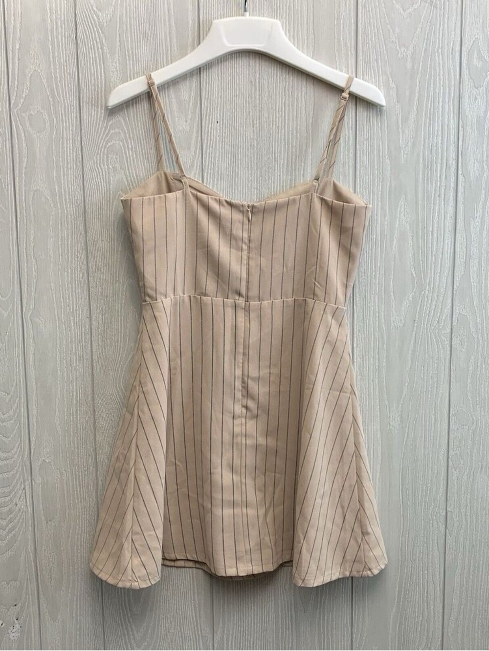 Beige Pinstripe Spaghetti Strap Mini Dress